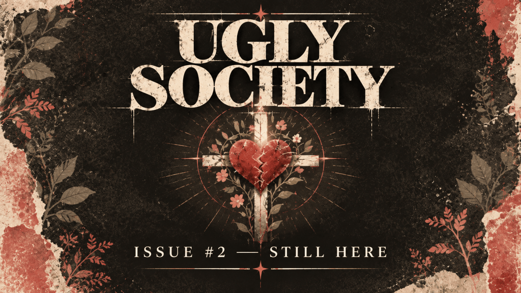 Ugly Society Issue #2 — Still Here cover art with a mended heart, cross, flowers, and warm vintage textures