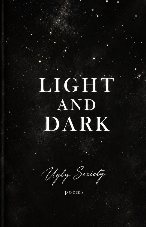 Light and Dark poetry book cover, white text on a dark star-filled background