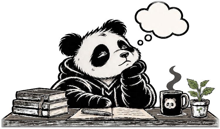 Panda leaning on a desk with books, an open notebook, a mug and small plant, thinking under a thought bubble